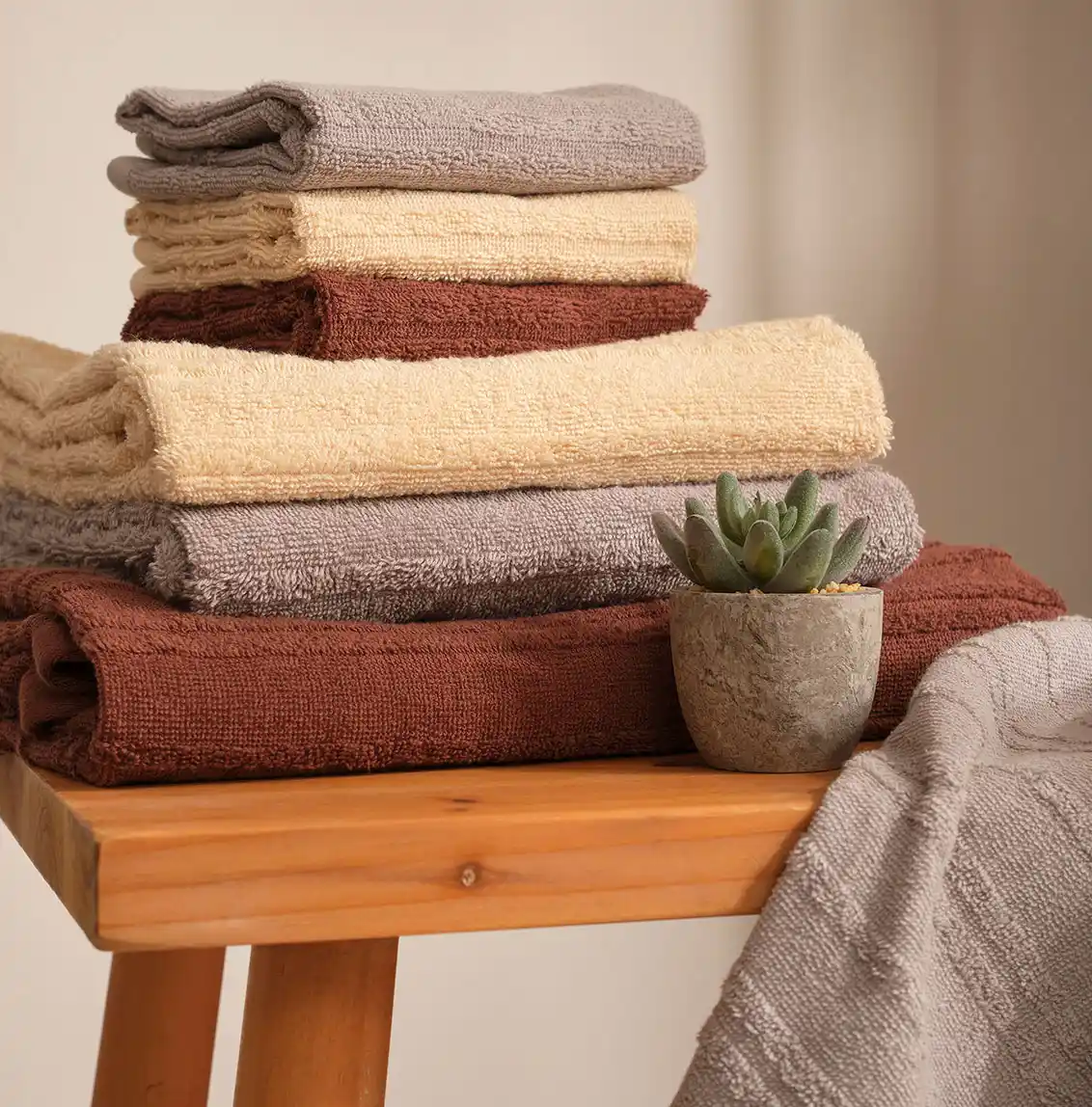 Handdoeken in natuurlijke kleuren.