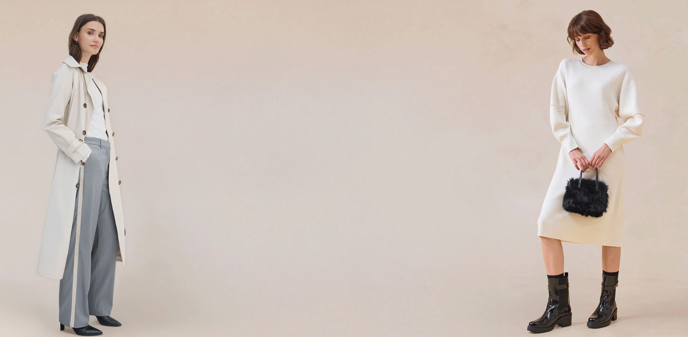 Elegante crèmekleurige gebreide set: coltrui en wijde broek vormen een comfortabele, stijlvolle winteroutfit.