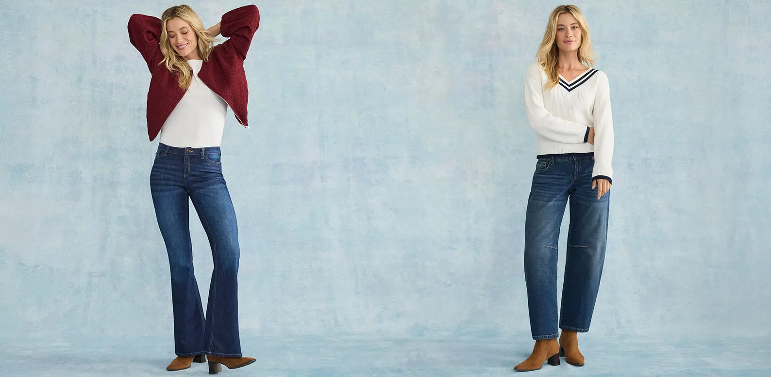 Casual jeans gecombineerd met witte truien en vest.