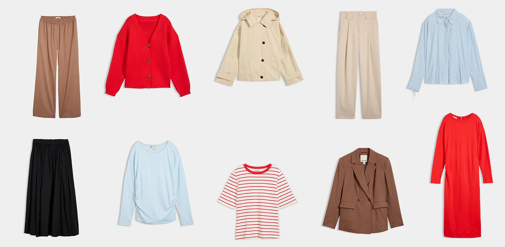 Veelzijdige garderobe met felrode accenten, lichte pasteltinten en elegante aardetinten voor elke gelegenheid.