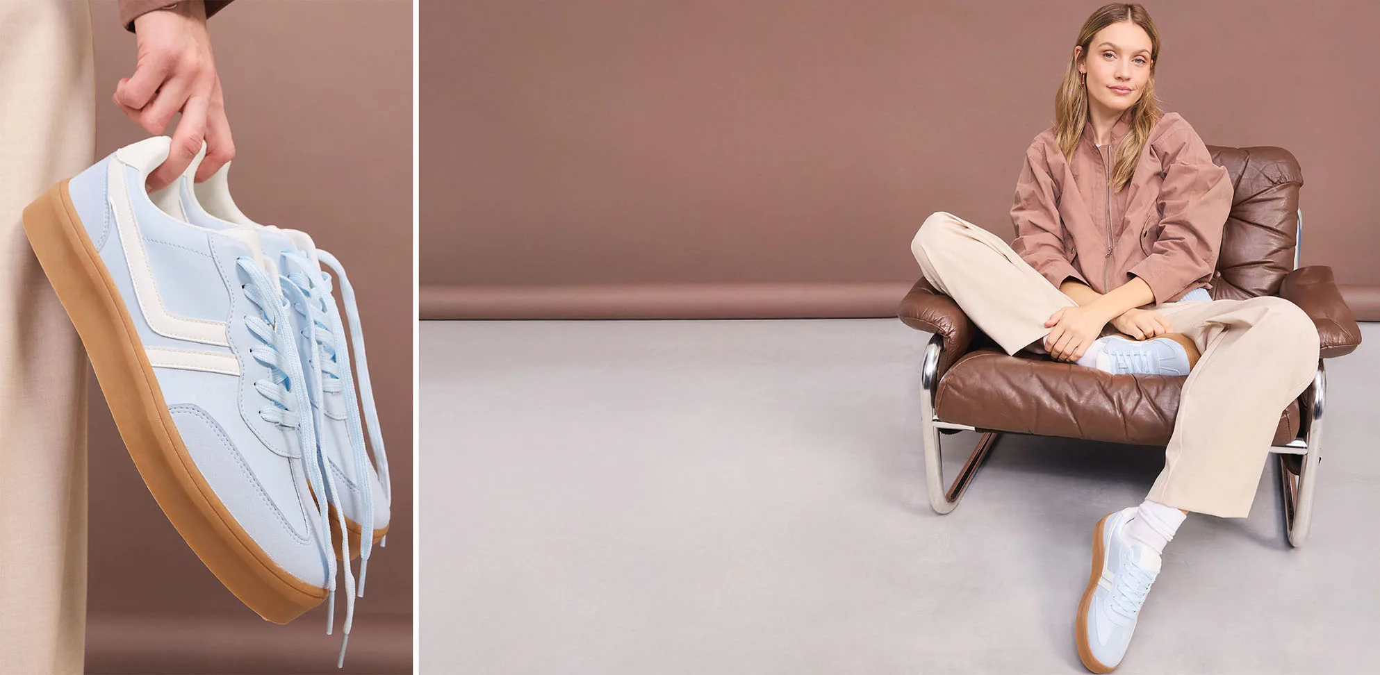 Bruine jas gecombineerd met een beige broek en lichtblauwe sneakers.