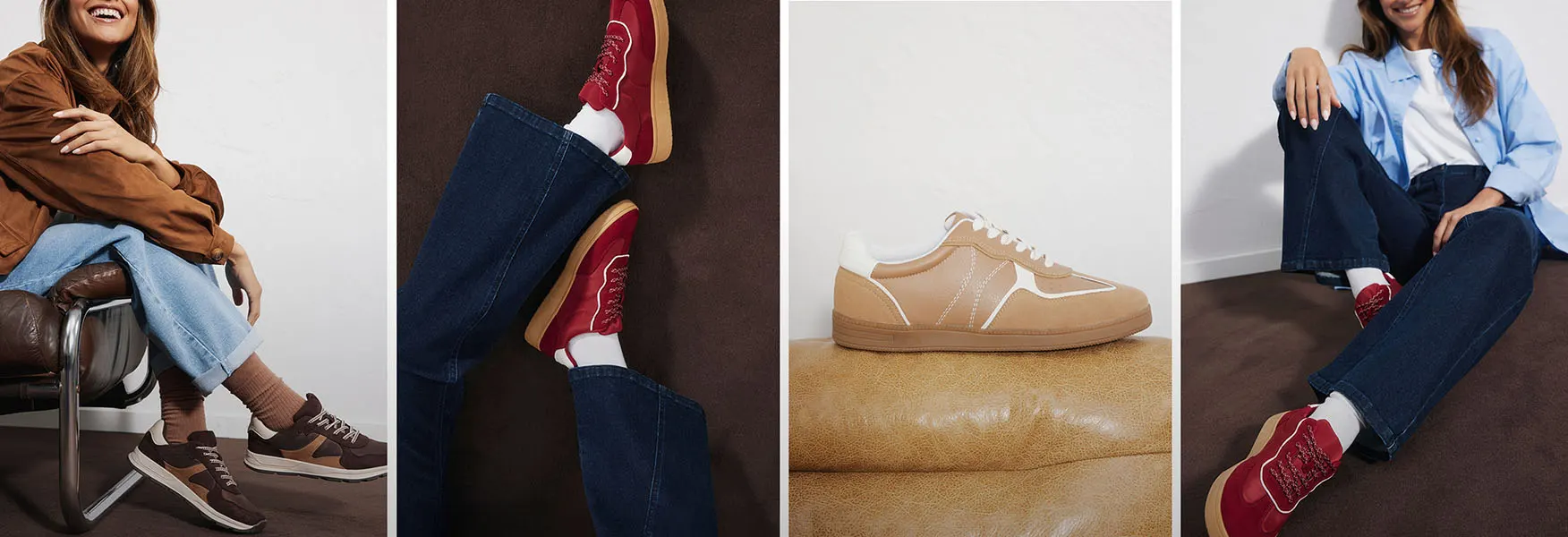 Trendy sneakers in bruin, rood en beige, gecombineerd met jeans en casual tops.