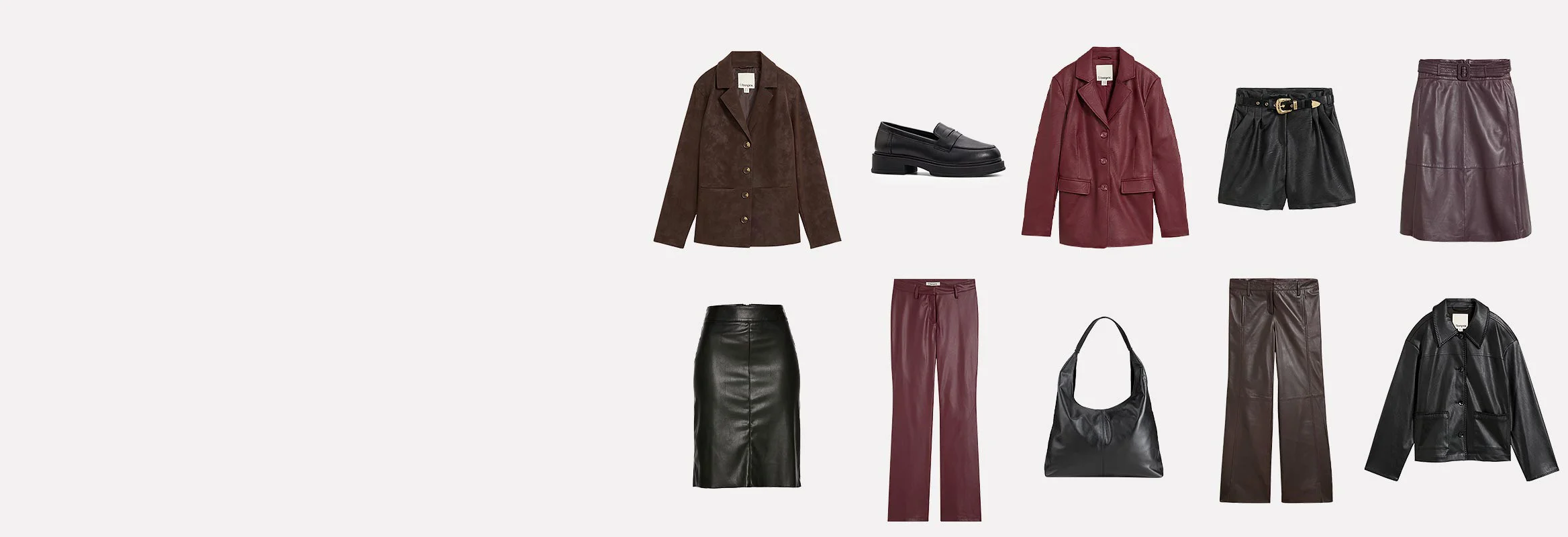 Leren jassen, broeken, een short en rokken in bruin, zwart, donkerrrood met loafers en tas.