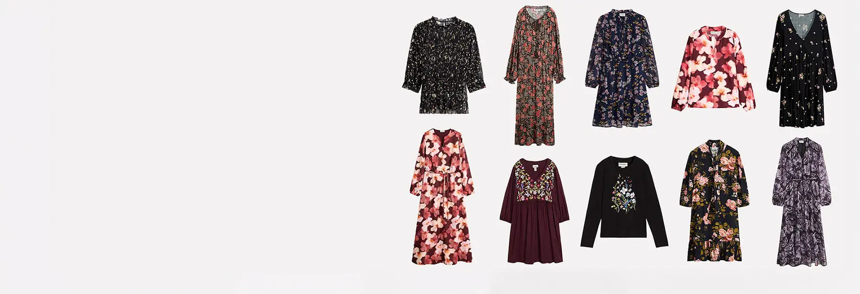 Verschillende jurken en blouses met bloemenprint in diverse kleuren en modellen.
