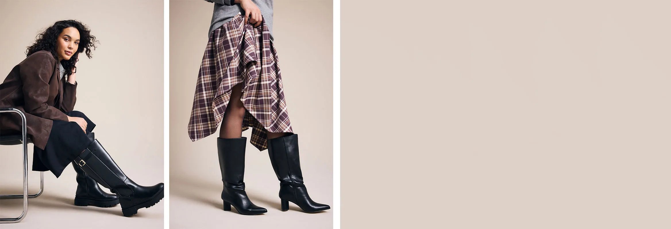 Bruine blazer, zwarte rok, gedessineerde overhemdbluse en kniehoge zwarte laarzen.
