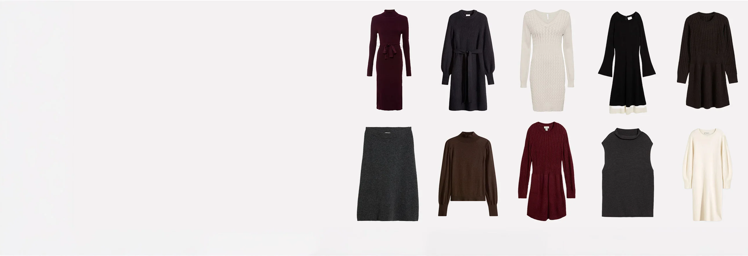 Veelzijdige knitwear: jurken, rokken en truien in warme, donkere kleuren.